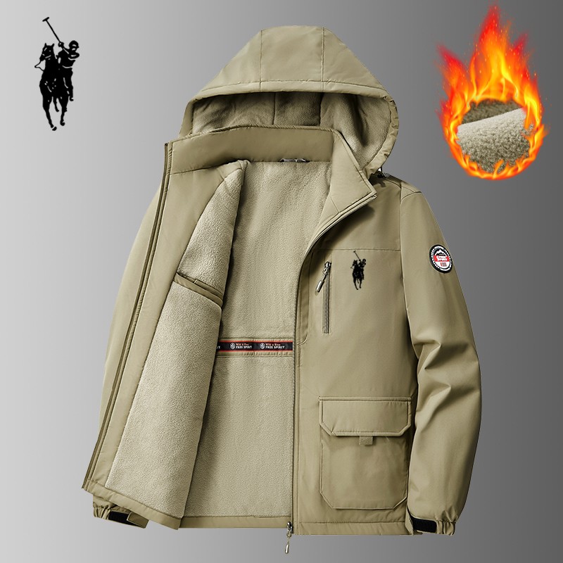 阆爵保罗加绒加厚冲锋衣棉服防风夹克外套多口袋秋冬季大码工装男