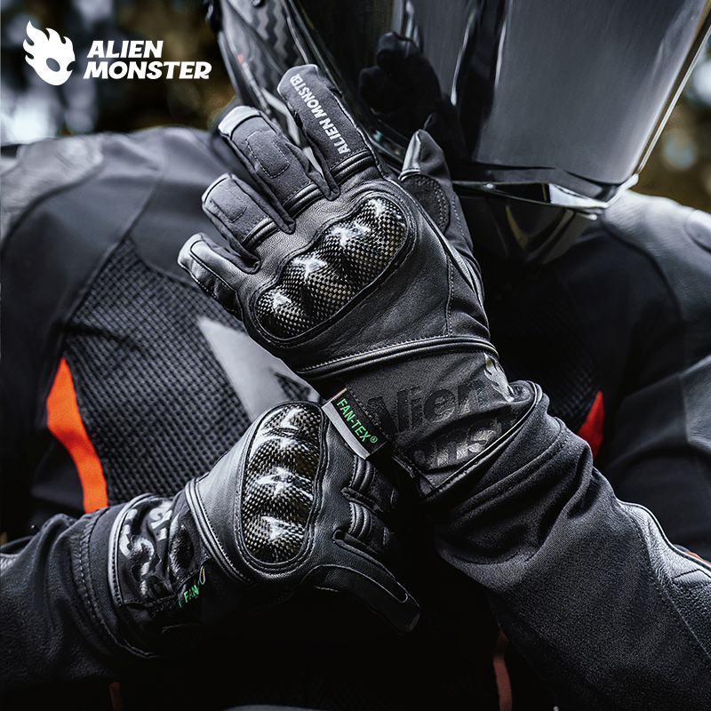 外星怪涡轮手套冬季摩托车骑行防风防寒真皮碳纤维机车摩托车手套