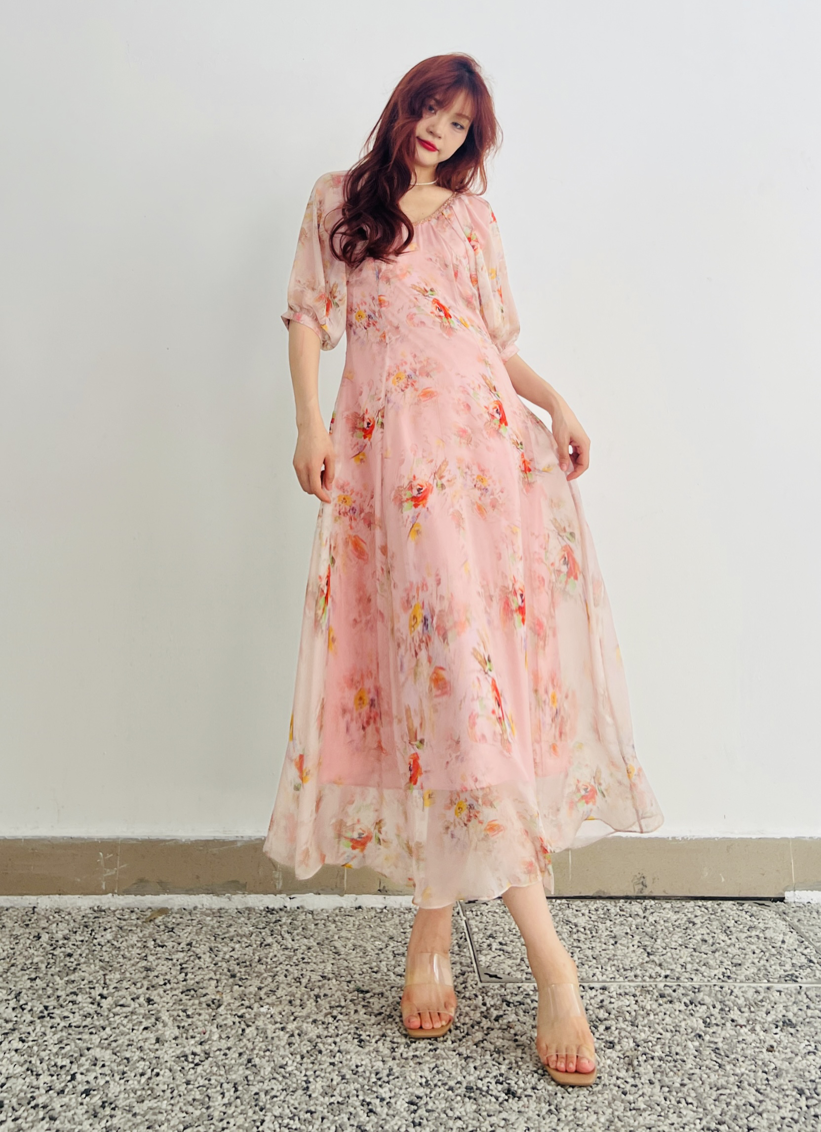 桑蚕丝碎花连衣裙气质V领桑蚕丝长款优雅印花夏季大摆裙