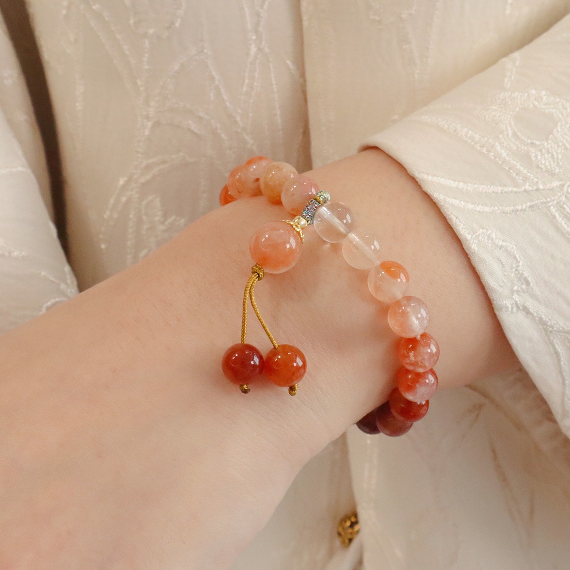 【活力满满】天然水晶手链高级感红兔毛手串金丝玉珍珠手链2025新款