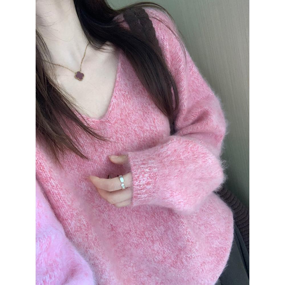 秋冬法式复古粉色毛衣V领针织衫宽松显瘦减龄休闲时尚ins打底上衣