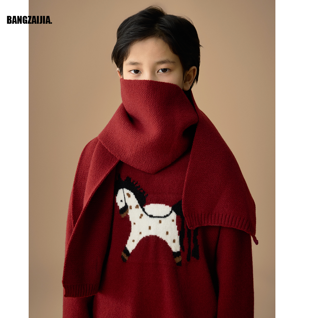 【绵羊绒】童装冬季新年儿童红色柔软小马毛衣围巾男女童套头上衣