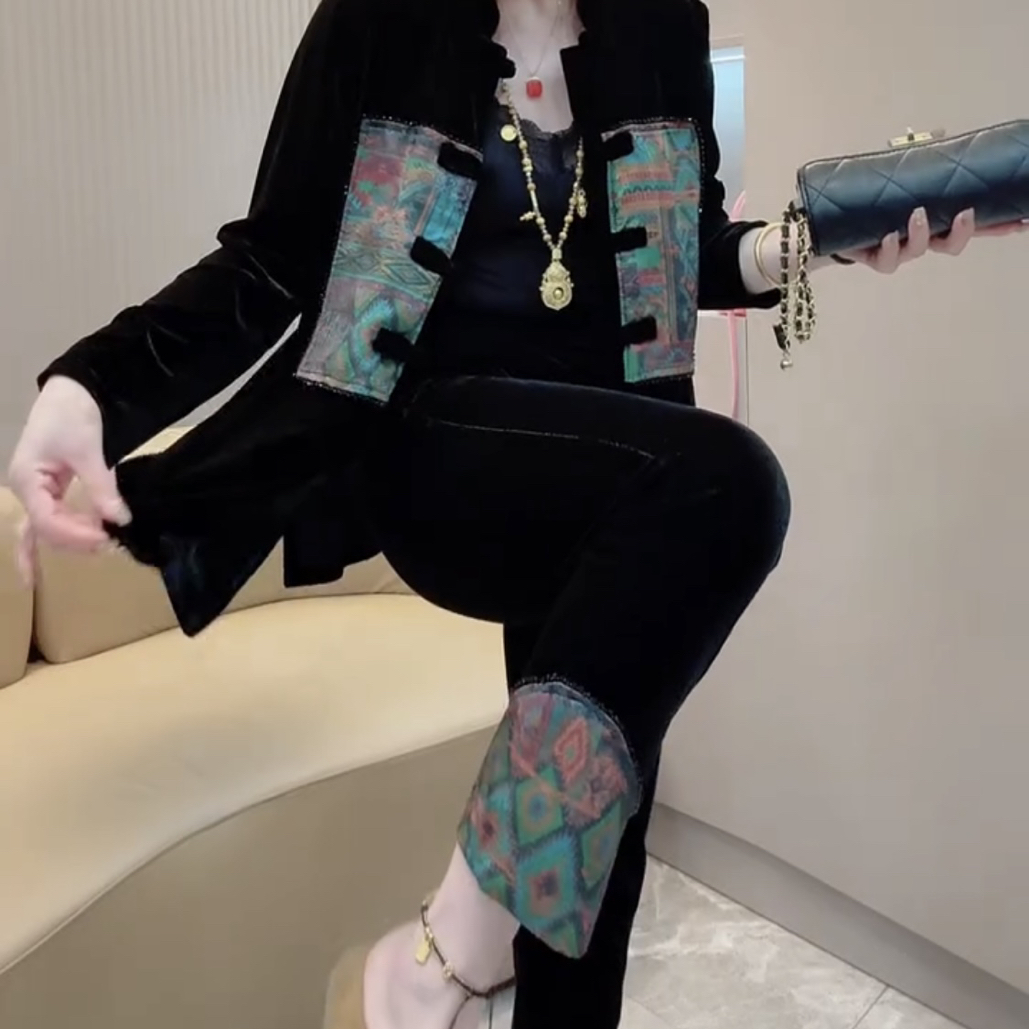 复古国风金丝绒修身显瘦女士上衣小脚裤时尚套装网红轻奢休闲黑色