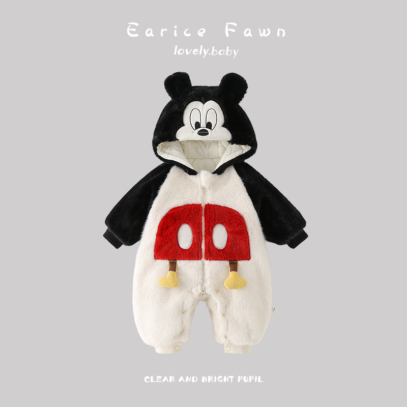 YM婴儿加厚加绒连体衣雪服冬装衣服新生外出爬爬服男女宝宝夹棉哈