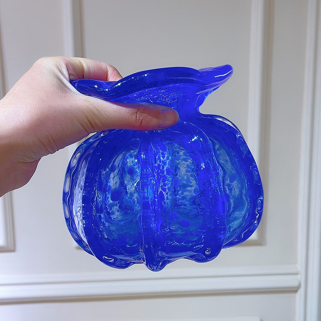 琉璃蓝色钱袋子花瓶摆件客厅插花琉璃透明水养轻奢装饰网红花瓶