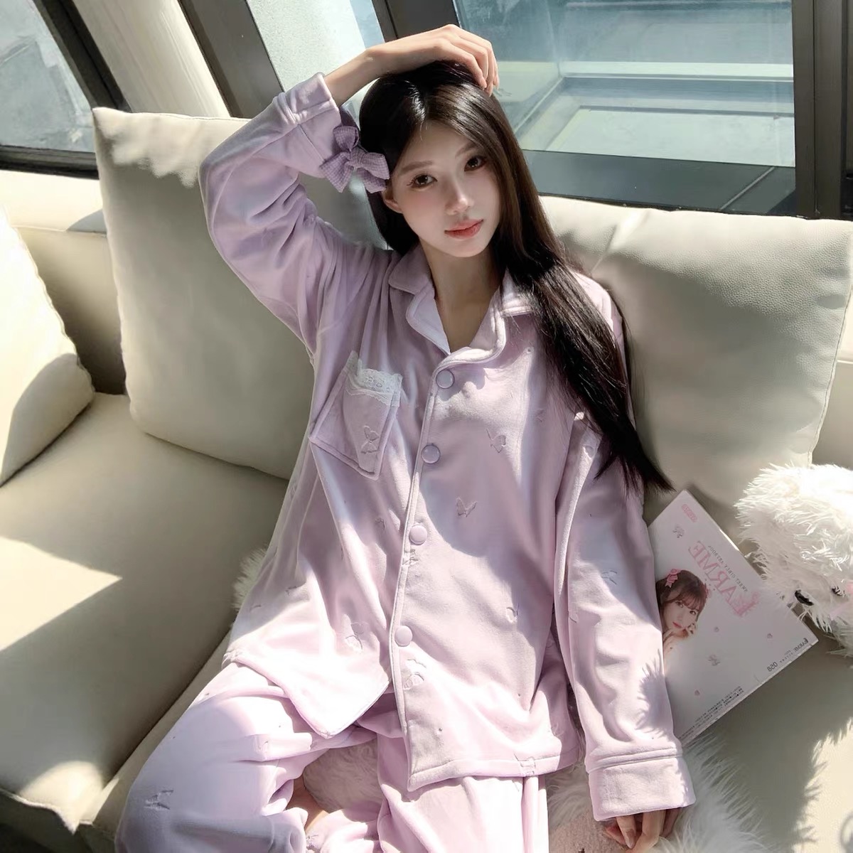 睡衣女冬季海岛绒保暖开衫翻领加绒加厚保暖女士冬天家居服套装