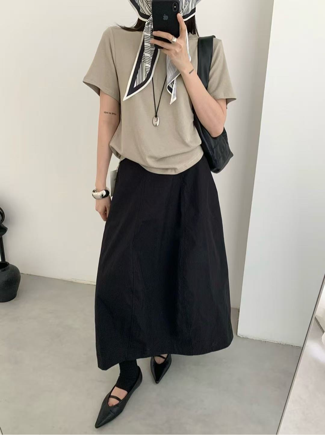 CK9194 短袖常规款螺纹短袖拼接T恤法式针织百搭纯色宽松