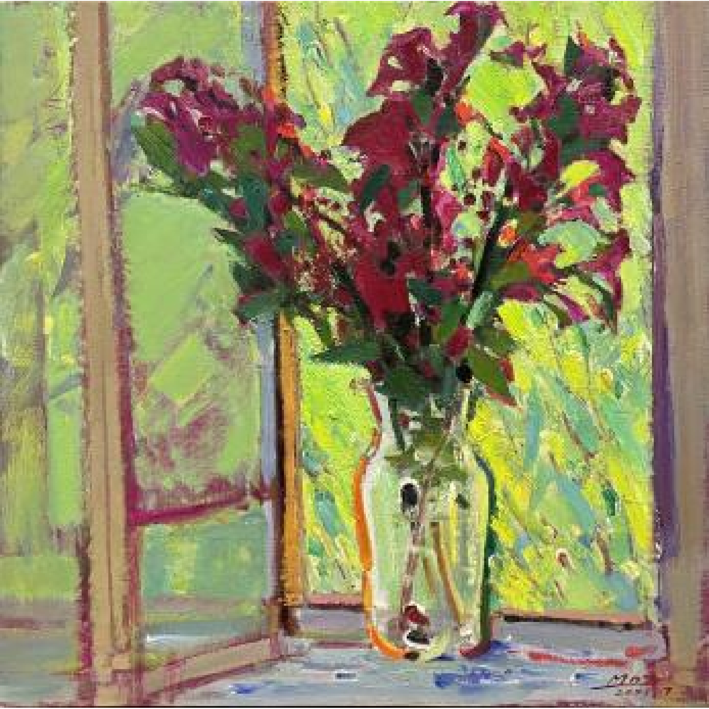 1750，毛岱宗《窗台上插瓶花》，尺寸：50x50cm