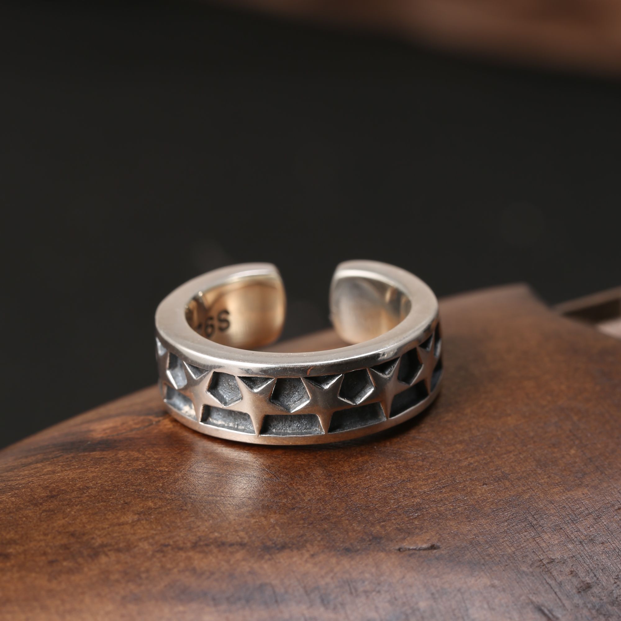 925银戒指 开口五角星纯银手工情侣戒指时尚男款复古小众做旧