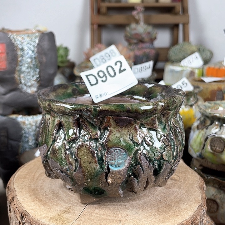 紫砂花盆孤品 油画山石 小钱袋 外口10
