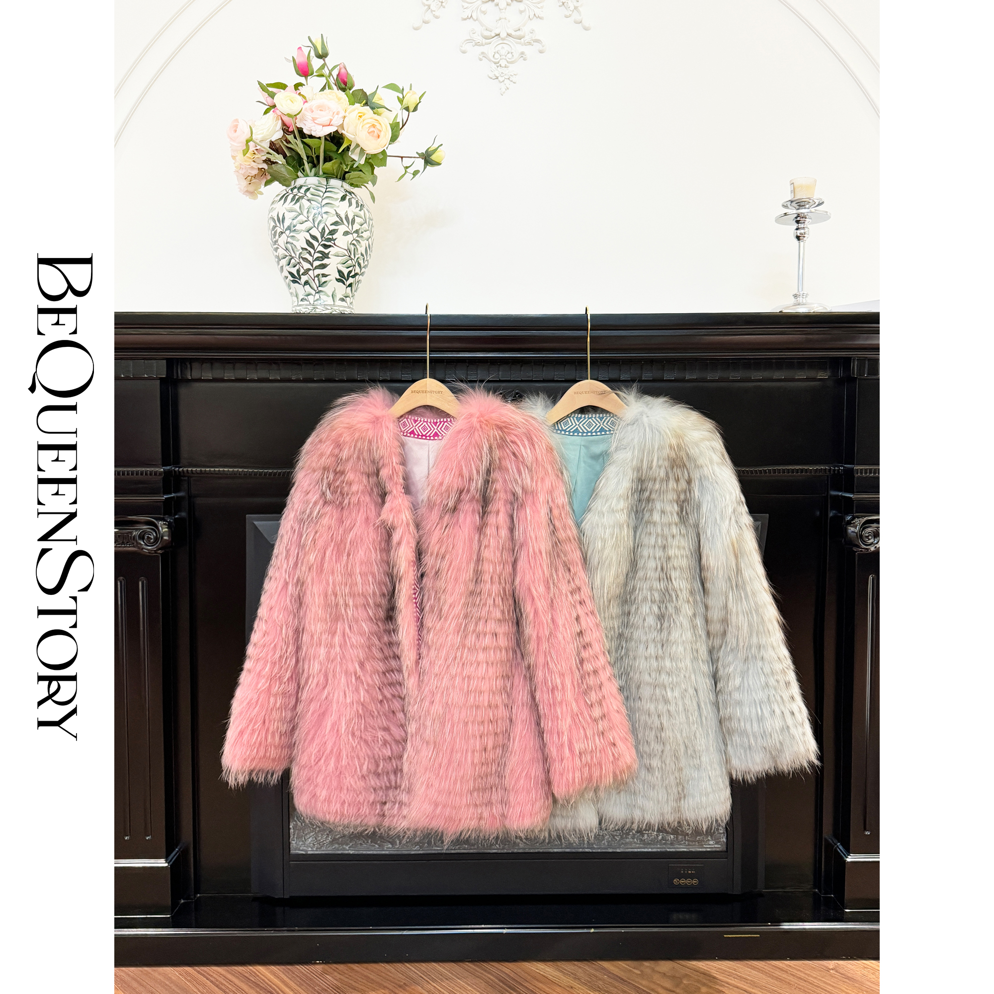 余潇潇【浮华世界】芬兰进口银狐夹棉织带拼接V领车条外套