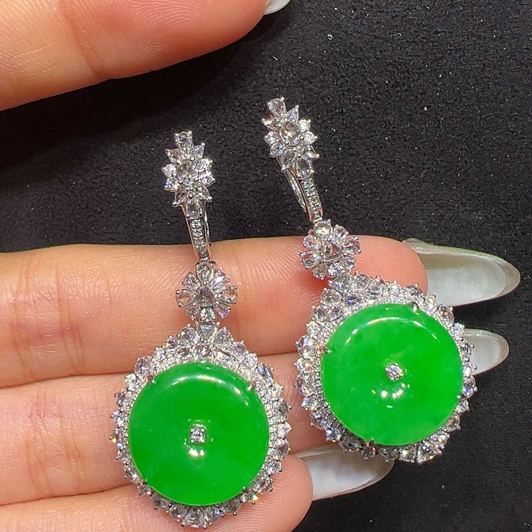 如***涓翡翠18K金镶嵌耳饰平安扣两用款可当吊坠13.8w分单5w