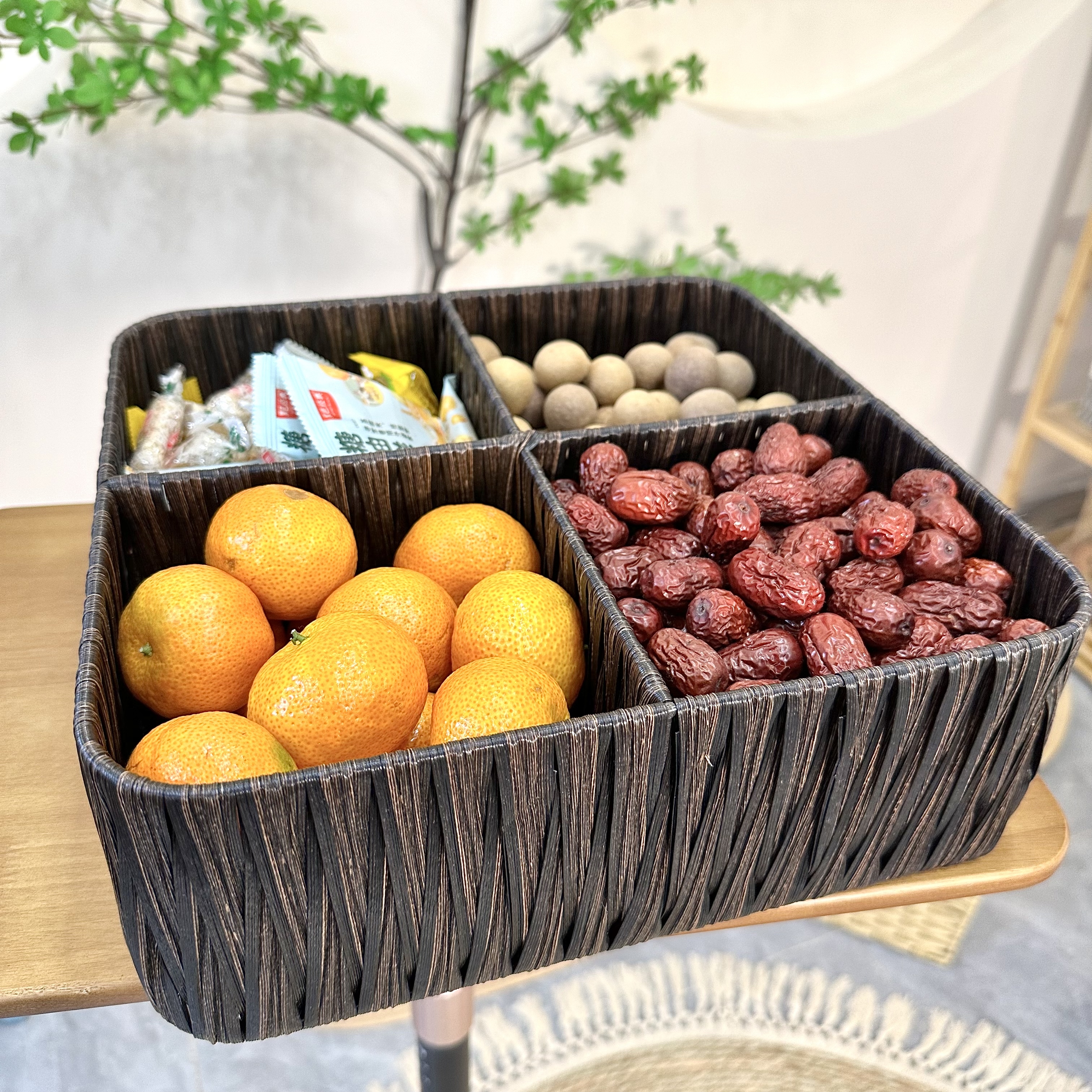 坚果零食手工编织收纳框零食展示花生分格新年果篮日式简约篮子新