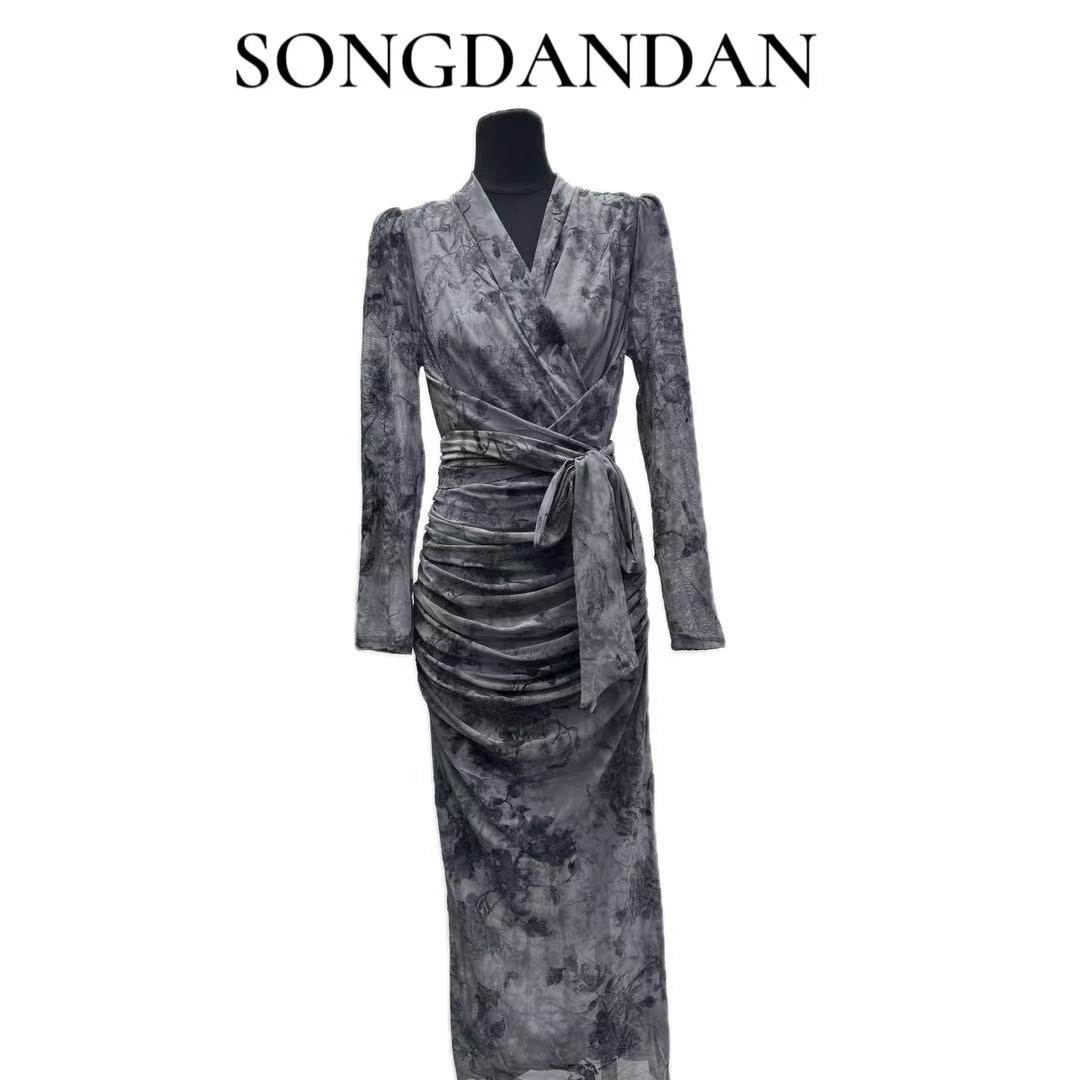 61615-C-3-1-6 秋冬长袖法式性感气质显瘦修身包臀印花收腰连衣裙