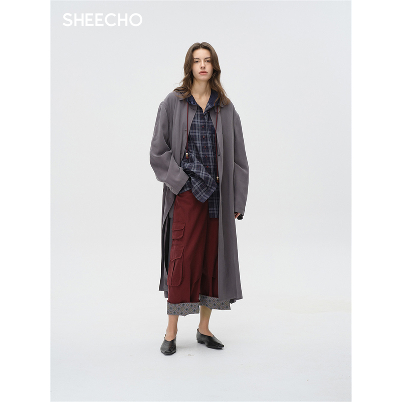 ASYUS设计师品牌25PF早秋暮蓝格纹连帽衬衫上衣女外套SHEECHO