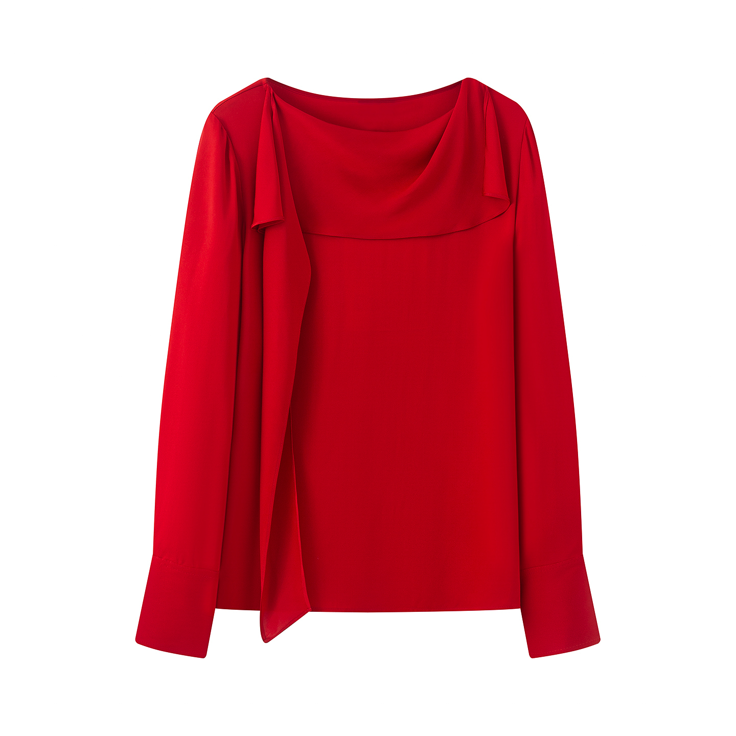 艾2026春季新款红色长袖荡领飘带轻薄雪纺衬衫红色上衣女1174