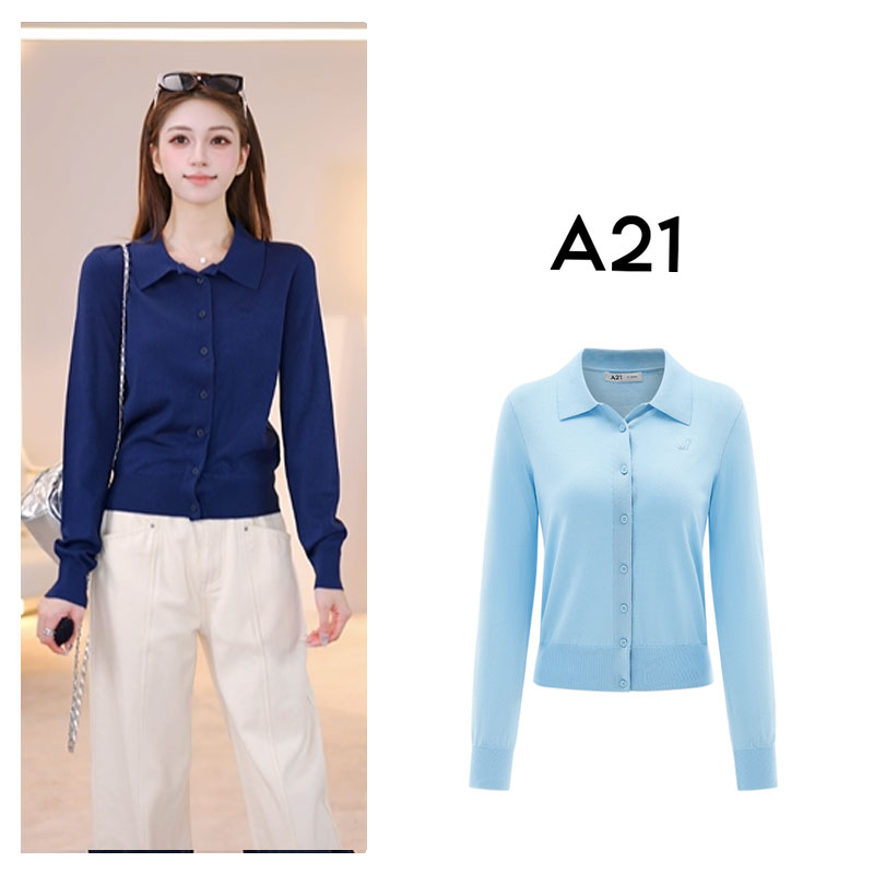 A21女装简约纯色翻领毛针织开衫上衣F453243001