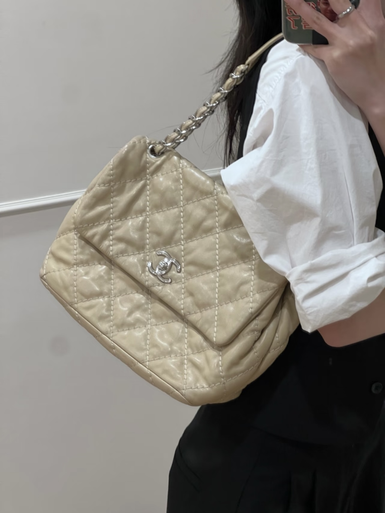 95新 Chanel/香奈儿 米银外缝线泡芙机场包 小牛皮卡标齐