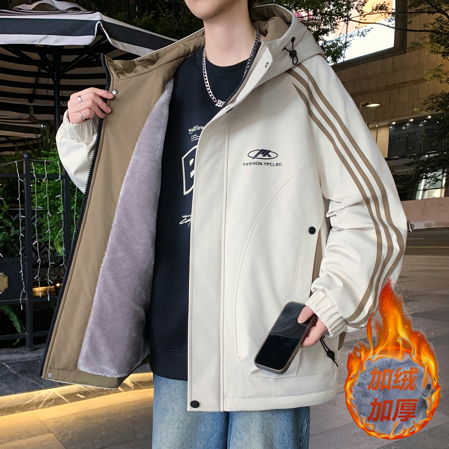 加绒加厚防风外套男秋冬潮牌港风休闲连帽夹克户外保暖潮流冲锋衣