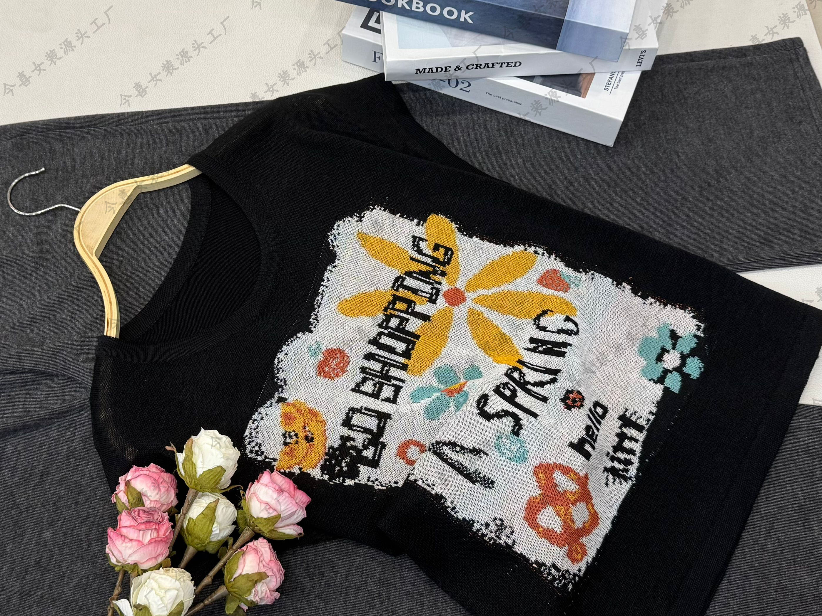 【黑色小花套头】新款时尚休闲短袖针织衫QC3397