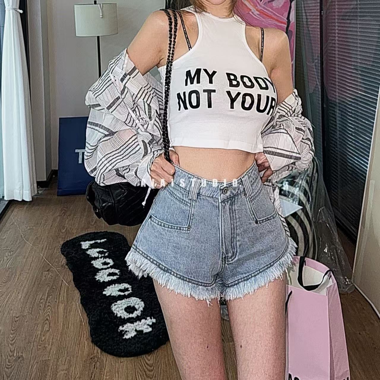 AIAI【热辣组合】挖肩字母高腰修身背心/韩代连帽格子防晒衬衫女夏