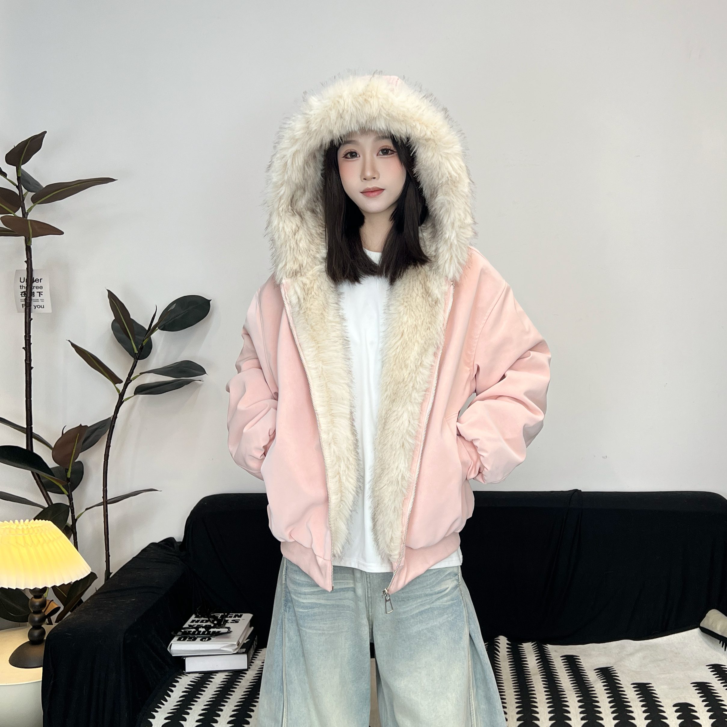 冬季连帽PU皮棉服男女同款情侣装加厚加绒座山雕保暖百搭棉衣外套