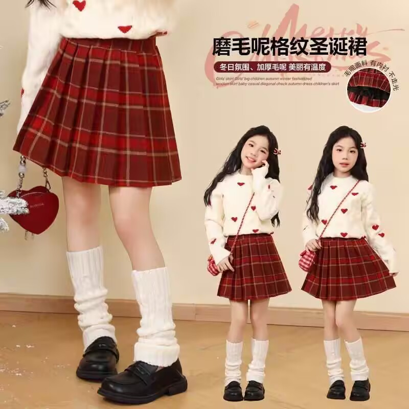 女童半身裙秋冬儿童洋气红色百褶裙冬季小女孩短裙童装时尚格子裙