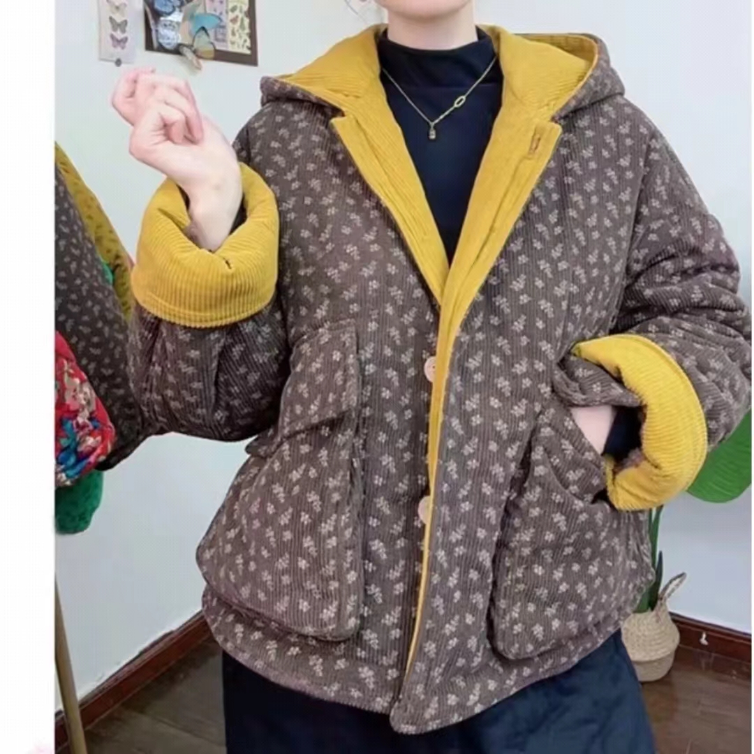 冬季新款加绒加厚保暖棉服撞色洋气连帽棉衣宽松碎花外套女