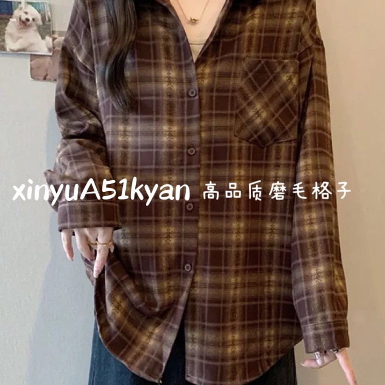气质新款美式复古长袖格子衬衫女时尚慵懒风设计感上衣