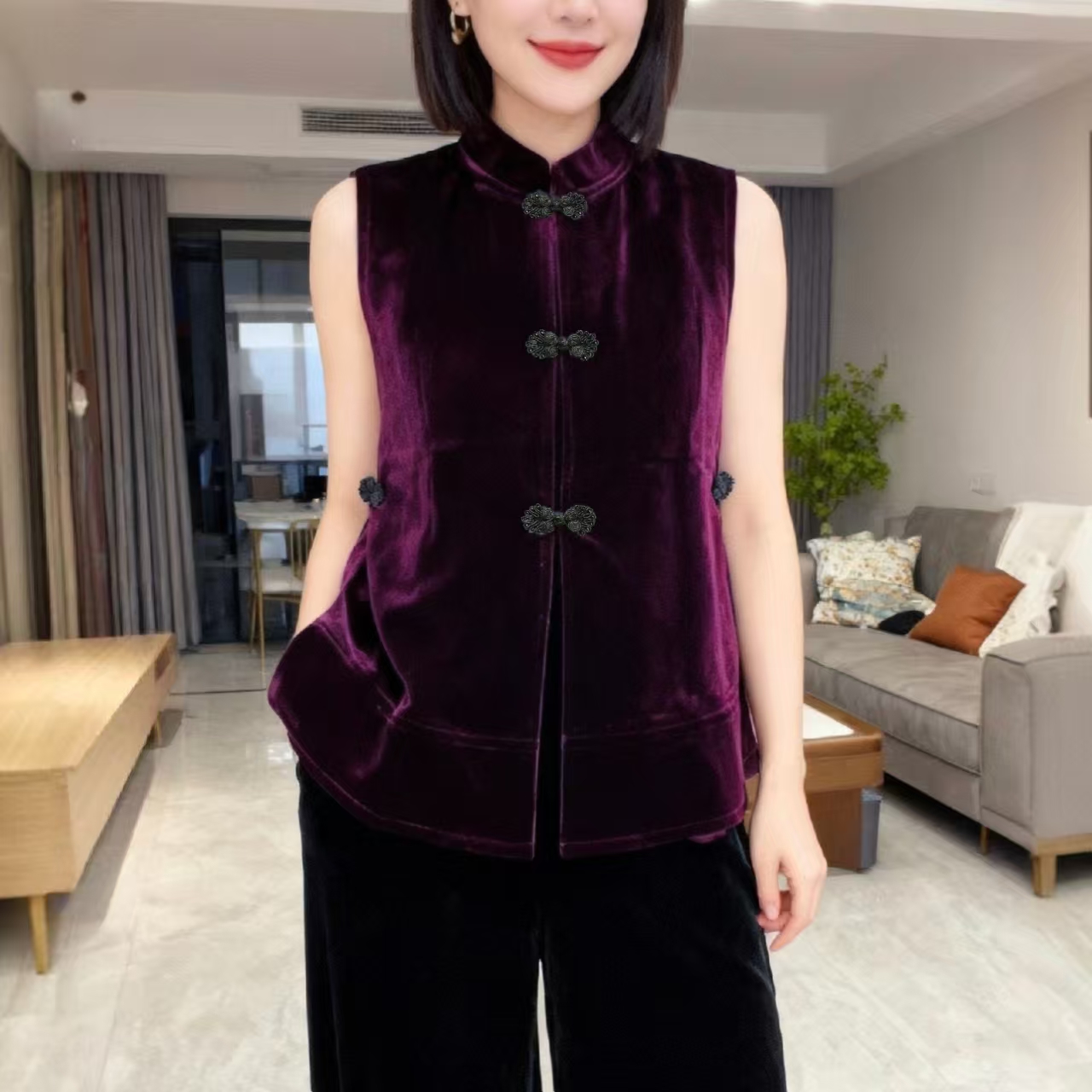 丝绒马甲背心女新中式国风复古盘扣宽松金丝绒马夹上衣显瘦外搭