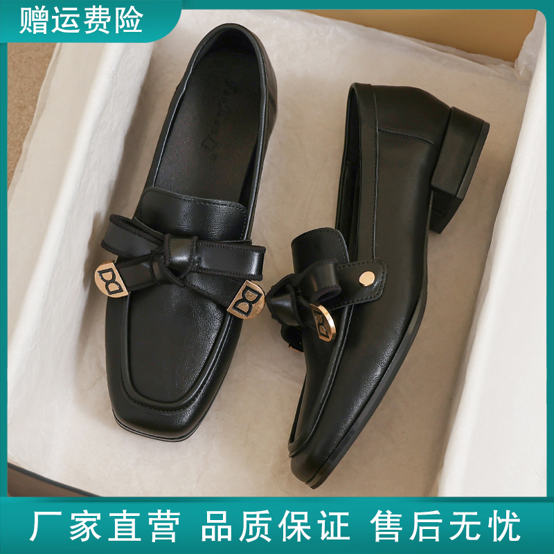真皮小皮鞋女2025新款春秋英伦风黑色大码41软底豆豆中跟42乐福鞋