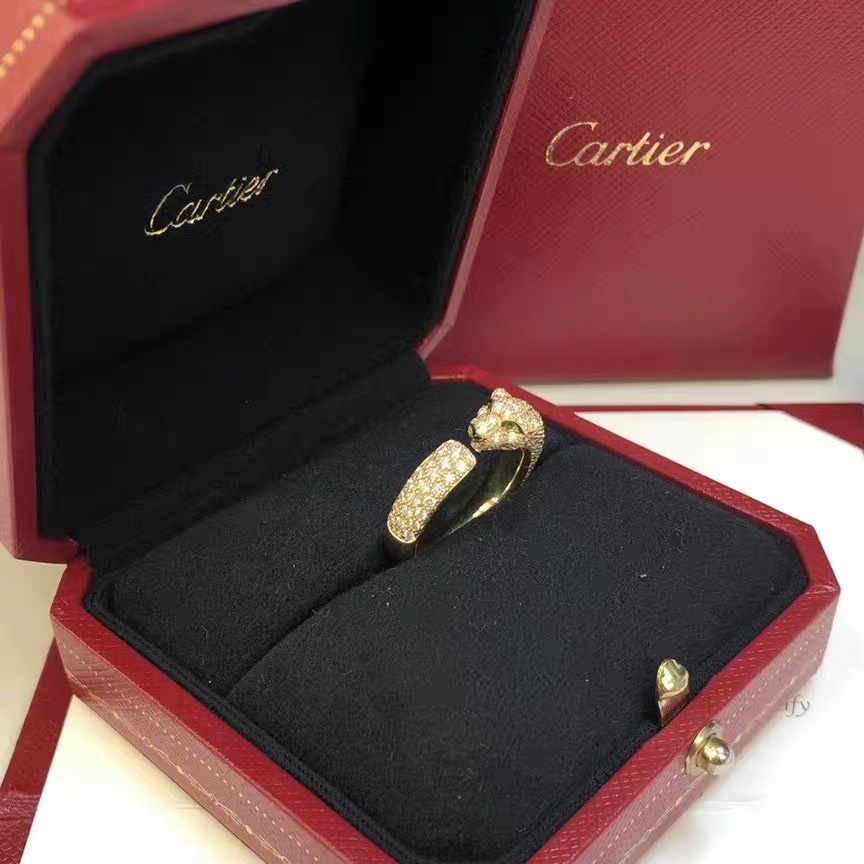 99新 Cartier/卡地亚 小花6珊  窄版头尾钻豹子戒指 18k黄金 59码