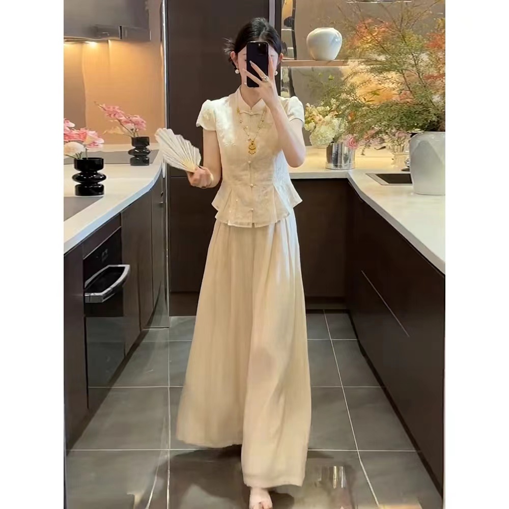 X669157-气质立领盘扣新中式国风上衣女夏季新款修身显瘦短袖套装