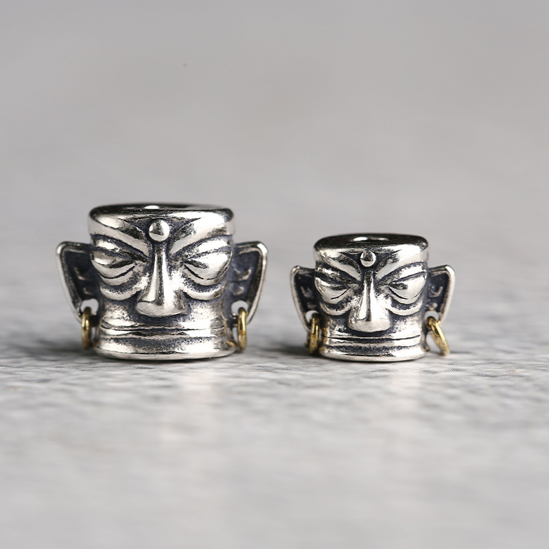 S925银 三星堆神思面具人脸背云隔珠 绳束手串配饰DIY佛珠配件