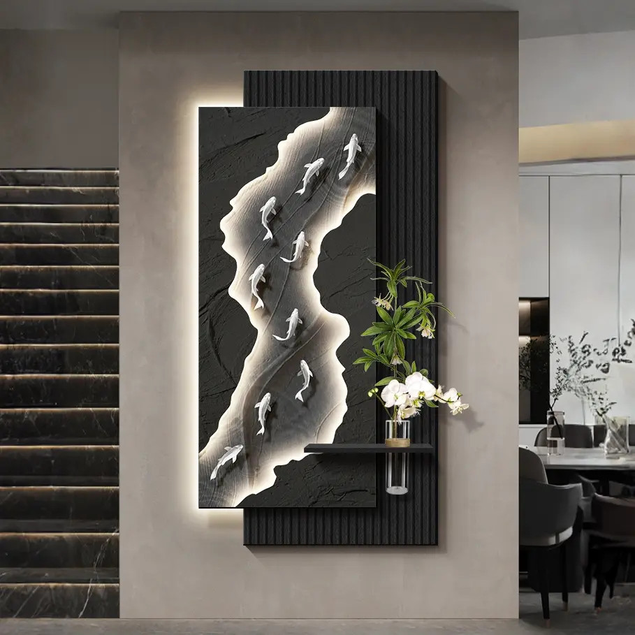 高级感九鱼图玄关装饰画极简轻奢客厅走廊过道挂画立体入户门壁灯