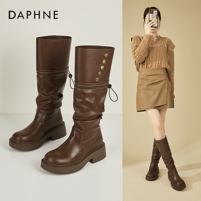 Daphne/达芙妮厚底加绒直筒靴女百搭时尚骑士靴不过膝长靴堆堆靴
