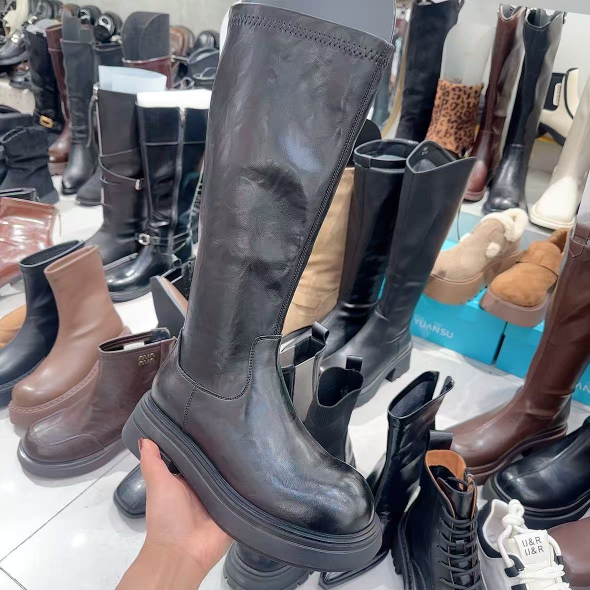 6818-6637时装靴长靴长筒骑士黑色鞋厚底短靴中筒百搭复古圆头
