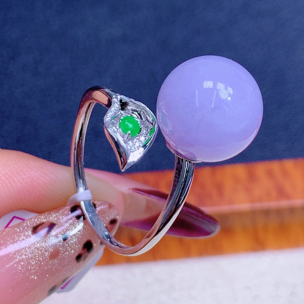 天然缅甸A货翡翠18k金镶浓紫罗兰特色圆珠单珠戒指j珠径卡11.6mm