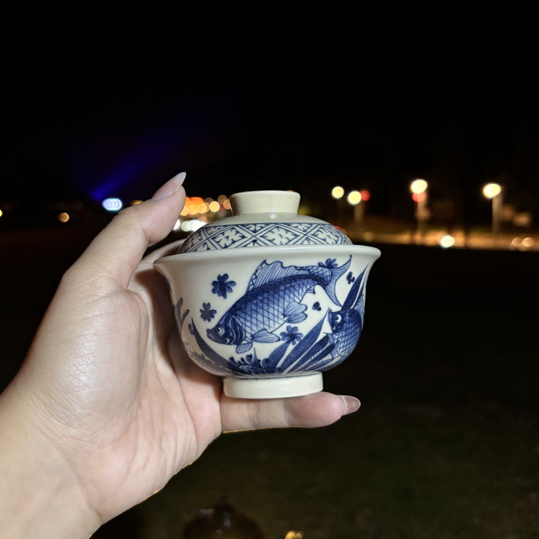 幽蓝溪堂景德镇陶瓷手工手绘仿元二号釉系列鱼藻纹盖碗家用茶具