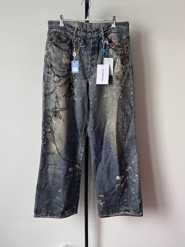 未使用 Acne studio 涂鸦重工喷墨图案宽松低腰牛仔裤 48码 00098
