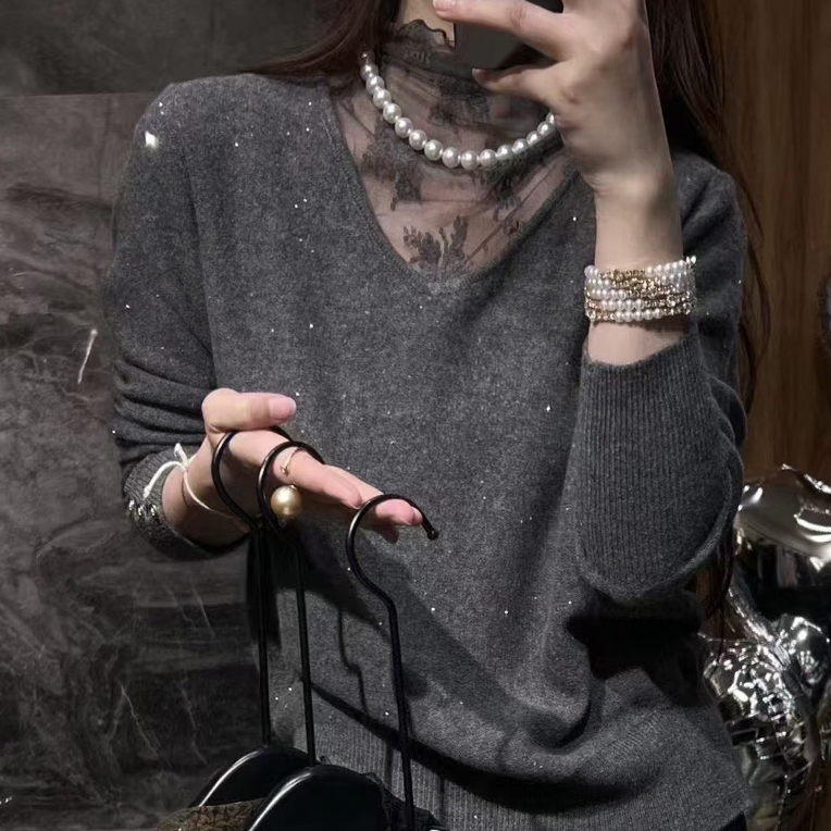 韩版蕾丝拼接骆马绒绵针织衫秋冬慵懒风宽松显瘦长袖毛衣女