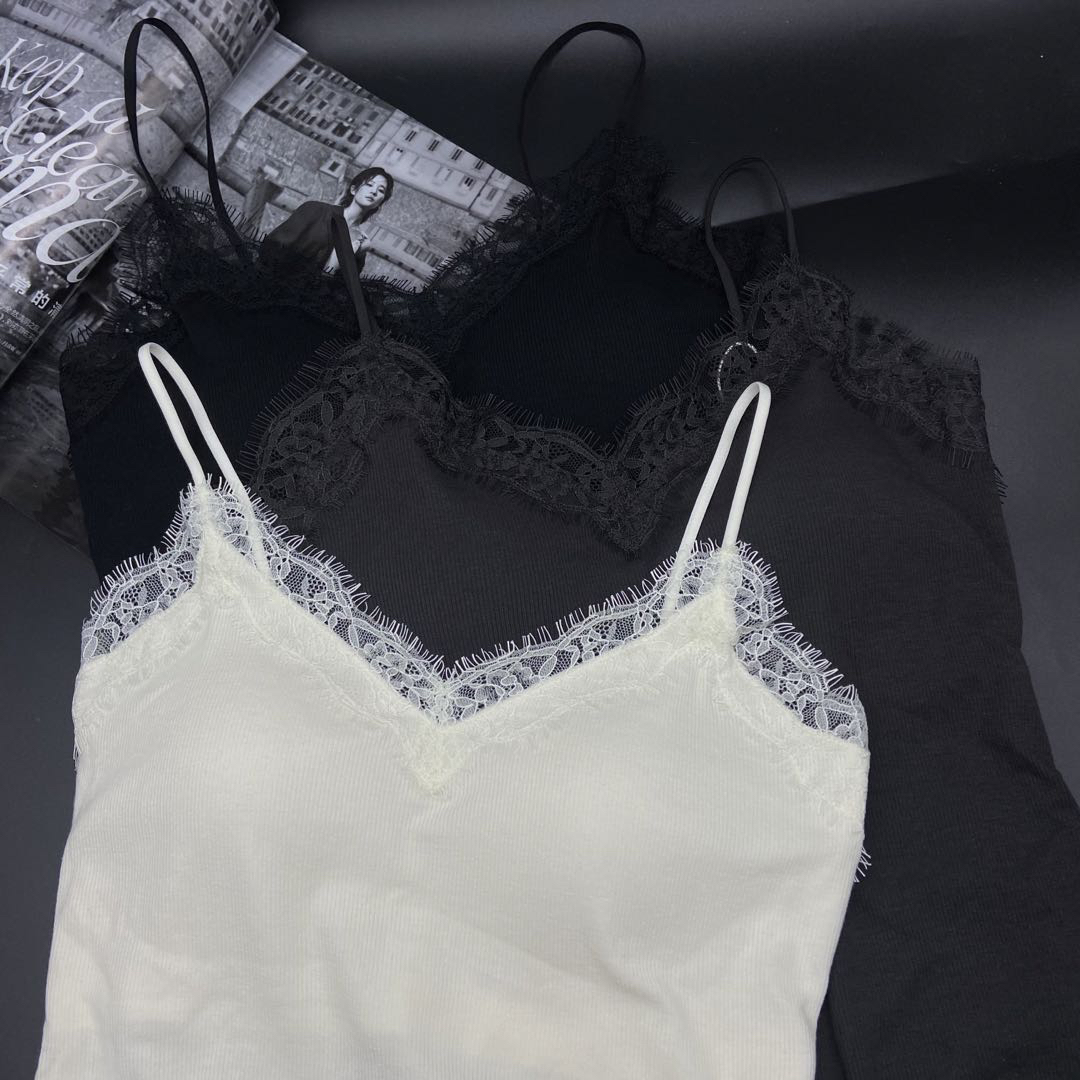 磨毛蕾丝睫毛边白色羊毛吊带背心高弹修身舒适外穿内搭