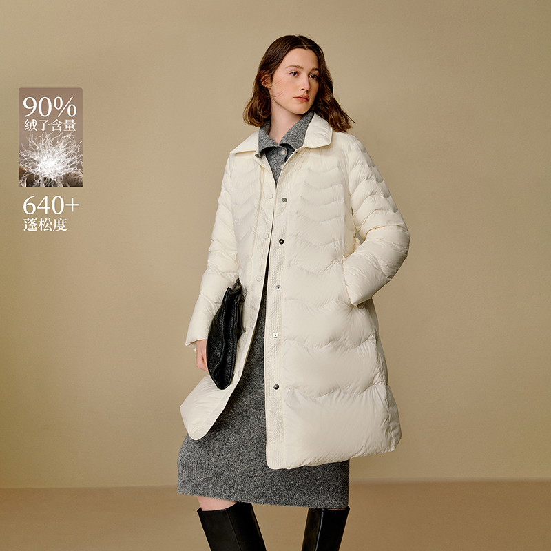 【品牌专柜】茵曼25冬季翻领波浪纹羽绒服显瘦修身保暖长款外套