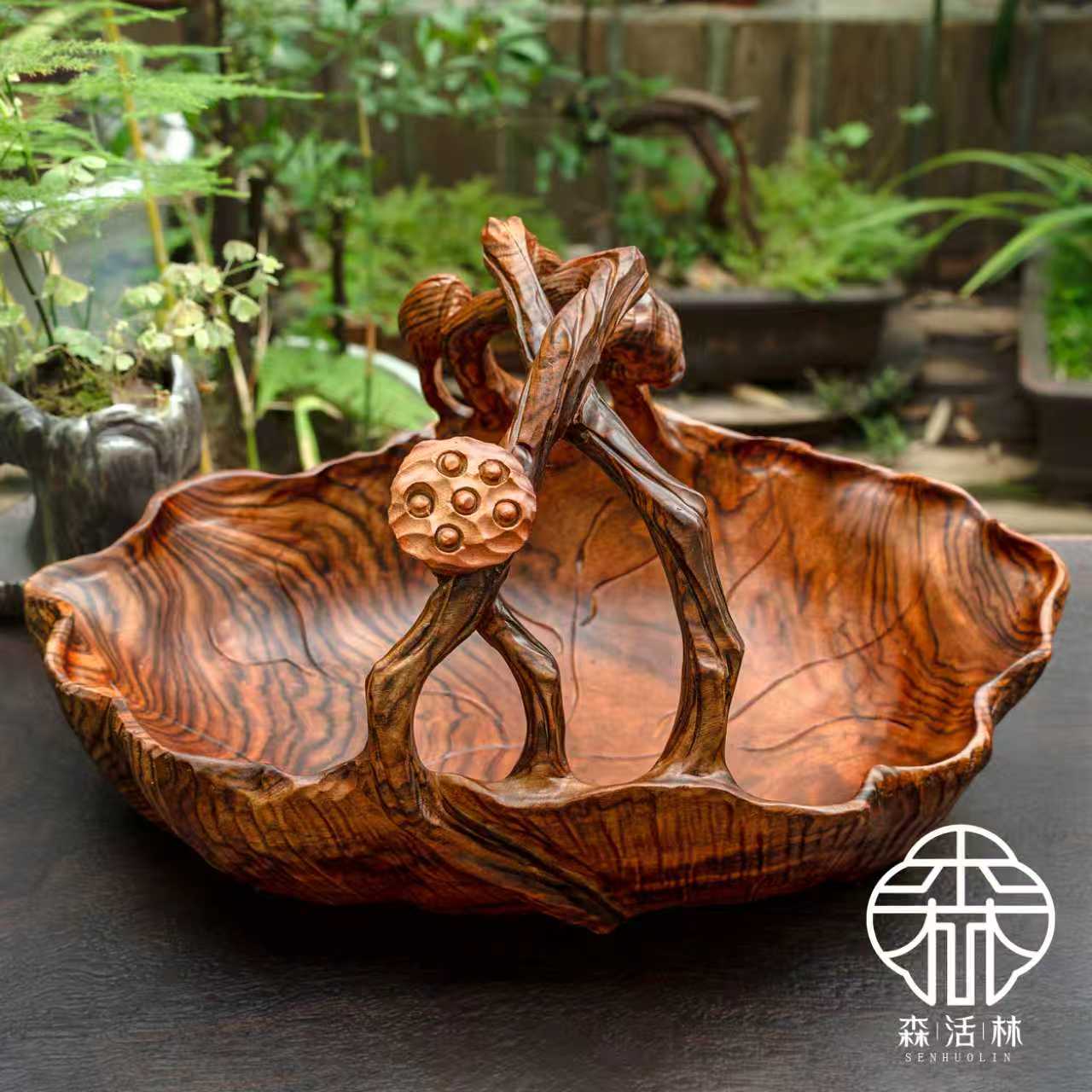 森活林《荷叶果篮》香樟纯手工中式收纳篮摆件老料整木雕刻（X）