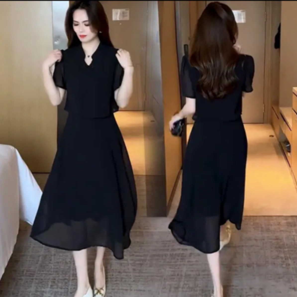 2205新中式中长款女装夏季洋气显瘦时尚减龄小黑裙