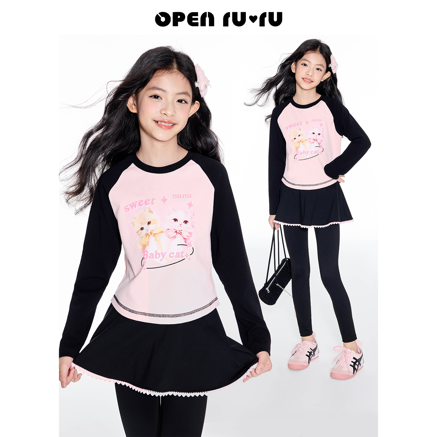 Opennunu女童卡通猫咪印花长袖T恤秋季中大童设计感修身打底上衣