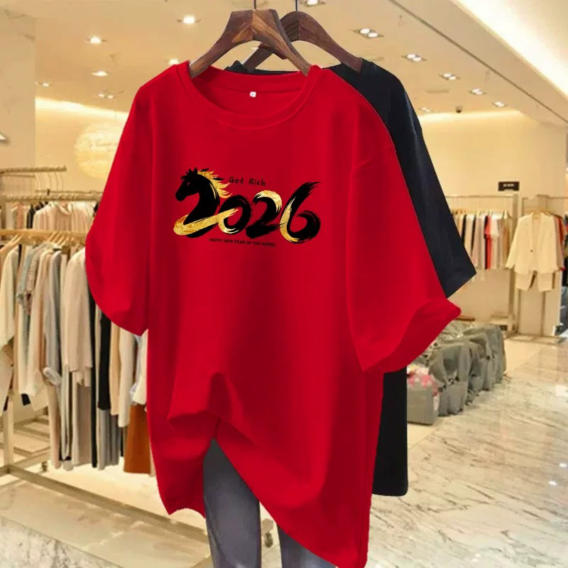 2026新年亲子装本命年红色短袖纯棉春节马年一家三四口全家福