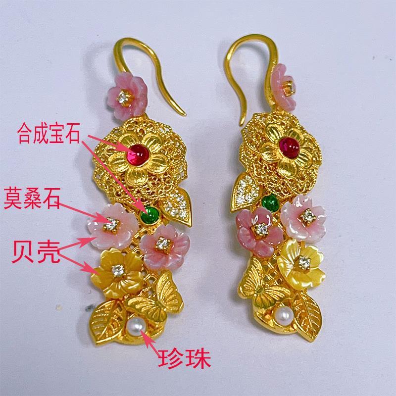 福满圆珠宝 足金999投资金 古法贝雕桃花耳钩