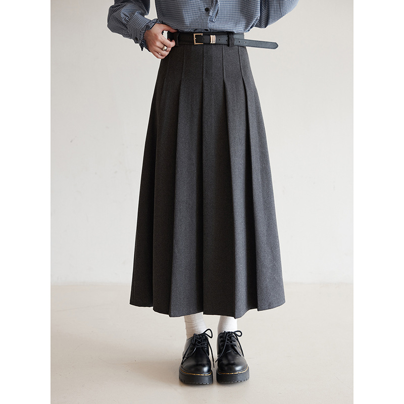 有风YFeeling灰色百褶裙女秋学院风中长款遮胯显瘦高腰a字半身裙