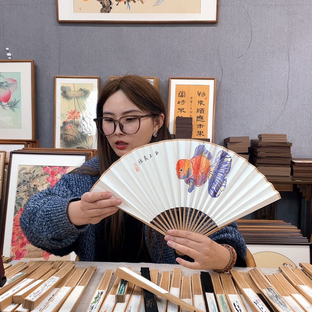 国画8寸玉竹-纯手绘-文玩扇骨（默认粘好）